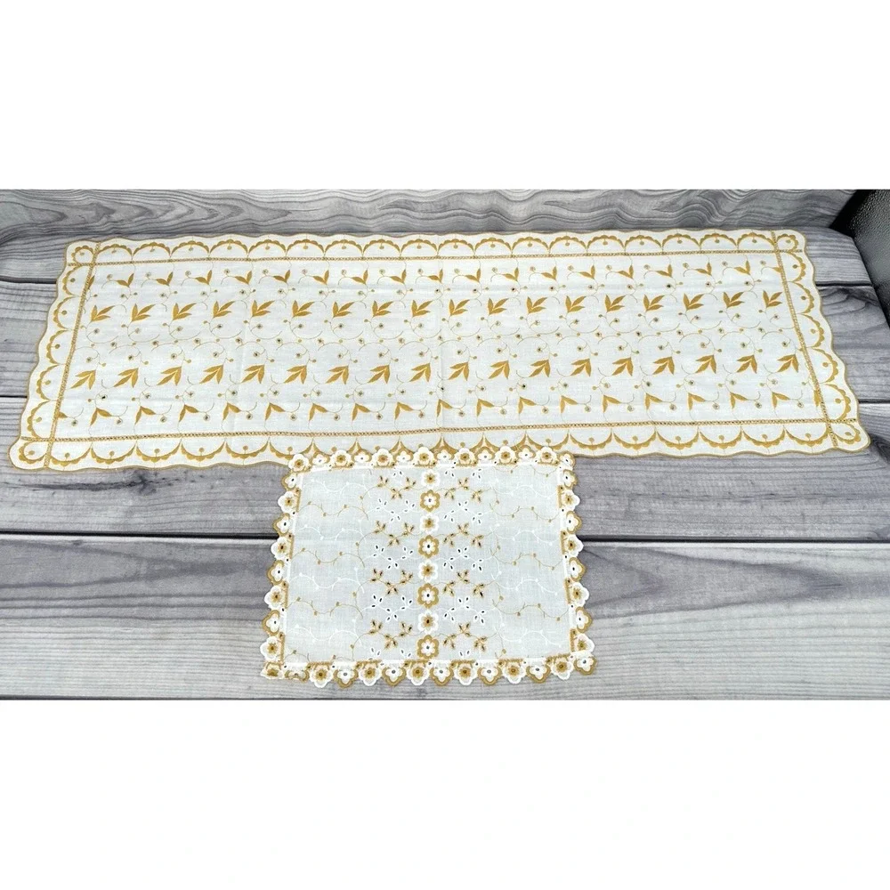 SET OF 2 VINTAGE EMBROIDERED EYELET TABLE / DRESSER SCARF - YELLOW GOLD‎    *15